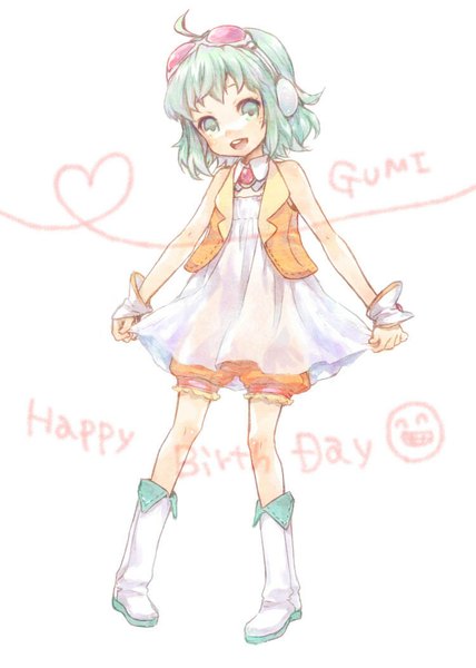 Anime picture 750x1050 with vocaloid gumi ameiro (artist) single tall image looking at viewer blush short hair open mouth simple background white background green eyes ahoge green hair inscription character names happy birthday heart of string girl heart