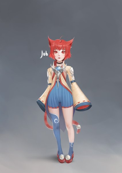 Anime picture 2480x3508 with original milk (jubi) jubi (regiana) single tall image looking at viewer fringe highres short hair red eyes signed animal ears full body ahoge red hair tail long sleeves animal tail cat ears cat girl