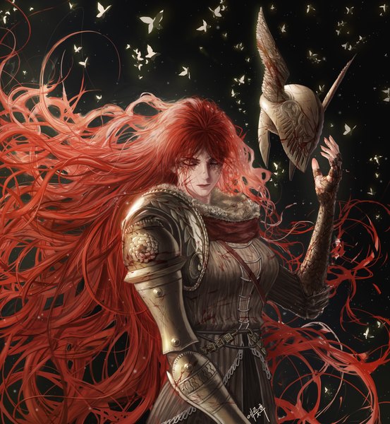 Anime picture 3000x3253 with elden ring malenia blade of miquella eruthu single tall image highres standing red hair eyes closed very long hair blood on face bloody clothes helmet removed girl insect butterfly blood helmet prosthesis