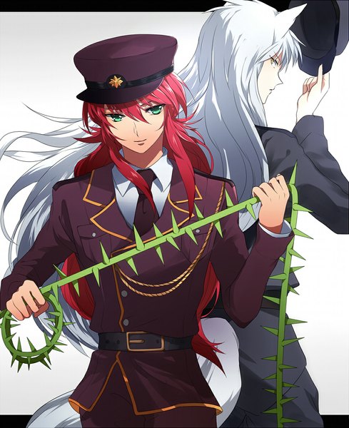 Anime picture 973x1193 with yu yu hakusho kurama youko kurama nishikawa (fe) long hair tall image simple background smile white background green eyes animal ears yellow eyes white hair ponytail red hair profile grey background gradient background boy uniform