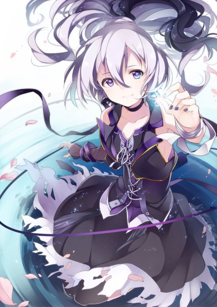 Anime picture 1024x1449 with vocaloid flower (vocaloid) umiko (munemiu) single long hair tall image purple eyes bare shoulders purple hair ponytail nail polish from above looking up black nail polish girl thighhighs dress skirt ribbon (ribbons) black thighhighs