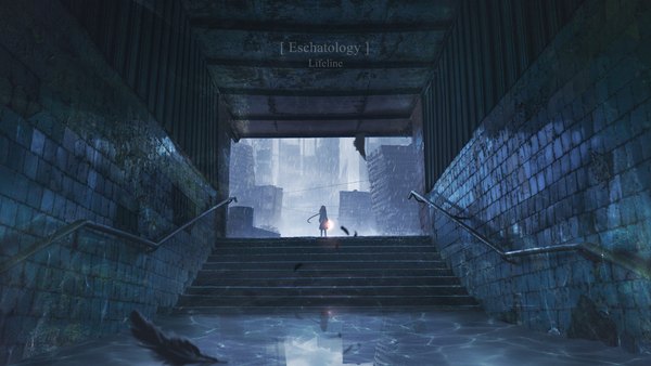 Anime picture 4800x2700 with original lifeline single long hair highres wide image standing holding absurdres outdoors from behind inscription city rain cityscape ruins brick wall twilight post-apocalyptic girl