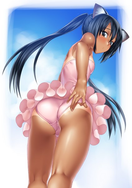Anime picture 1156x1636 with k-on! kyoto animation nakano azusa suzume inui long hair tall image light erotic black hair twintails animal ears ass looking back black eyes cat ears framed tan lines girl swimsuit
