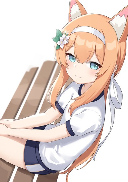 Anime picture 1061x1500 with blue archive mari (blue archive) mari (gym uniform) (blue archive) heijialan single long hair tall image looking at viewer blush fringe blue eyes simple background smile hair between eyes white background animal ears orange hair sweat official alternate costume girl