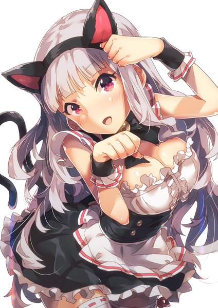Anime picture 849x1200 with idolmaster shijou takane narumi arata single long hair tall image looking at viewer fringe breasts open mouth light erotic simple background large breasts white background animal ears silver hair blunt bangs head tilt :d pink eyes