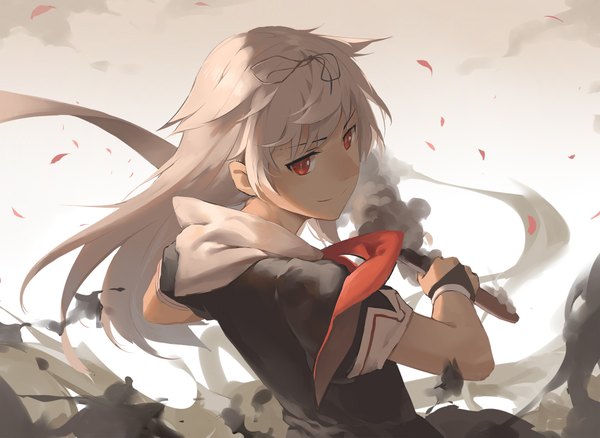 Anime picture 1900x1387 with kantai collection yuudachi destroyer huanxiang heitu single long hair looking at viewer highres blonde hair red eyes turning head revision remodel (kantai collection) girl petals scarf sailor suit