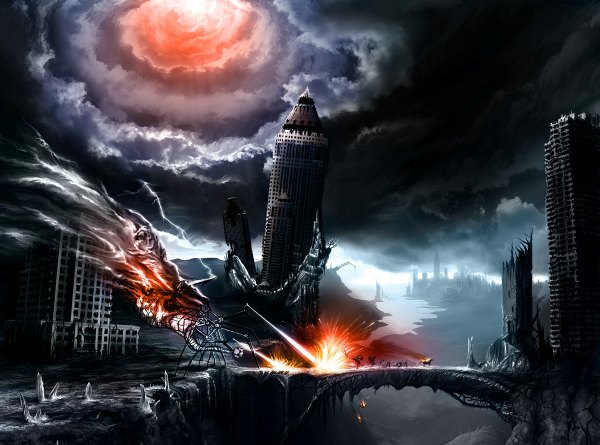 Anime picture 1200x890 with alexiuss sky cloud (clouds) river ruins battle post-apocalyptic building (buildings) sun monster mecha bridge horse