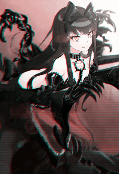 Anime picture 670x975 with kantai collection seaplane tender hime sw (2311550438) single long hair tall image fringe light erotic black hair red eyes bare shoulders payot ass from above wide sleeves gradient background red background arched back anaglyph lolita fashion