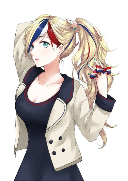 Anime picture 2508x3541 with kantai collection commandant teste (kantai collection) morinaga (harumori) single long hair tall image looking at viewer highres blue eyes simple background blonde hair white background cleavage upper body ponytail nail polish multicolored hair streaked hair adjusting hair holding hair