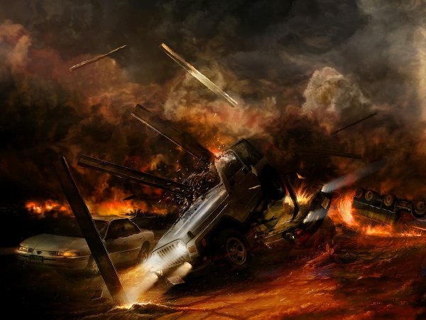 Anime picture 1200x900 with alexiuss smoke destruction explosion crash fire ground vehicle car