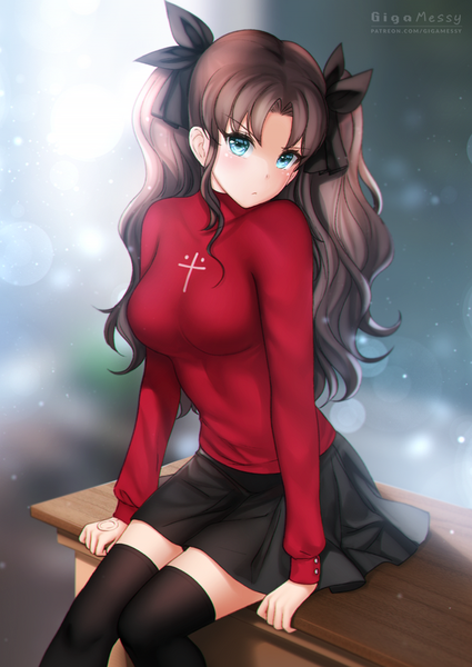Anime picture 709x1000 with fate (series) fate/stay night toosaka rin gigamessy single long hair tall image looking at viewer blush fringe blue eyes black hair sitting signed payot long sleeves head tilt blurry arm support two side up