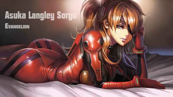 Anime picture 1229x692 with neon genesis evangelion gainax soryu asuka langley dantewontdie single long hair looking at viewer breasts blue eyes light erotic smile wide image large breasts ass ponytail lying orange hair inscription copyright name character names
