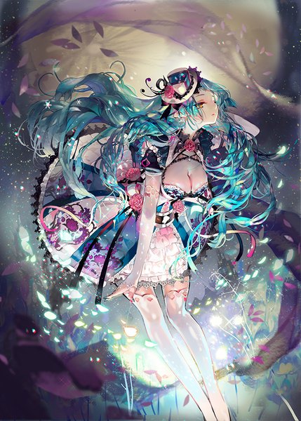 Anime picture 715x1000 with qurare: magic library crab d single long hair tall image looking away cleavage aqua hair orange eyes halloween girl thighhighs dress flower (flowers) plant (plants) hat petals rose (roses) moon star (stars)