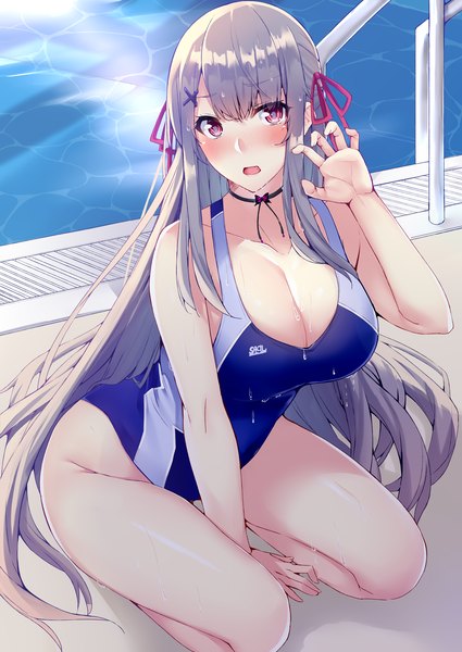 Anime picture 4300x6070 with original kaerunoashi single long hair tall image looking at viewer blush fringe highres breasts open mouth light erotic hair between eyes red eyes large breasts sitting absurdres cleavage outdoors arm up