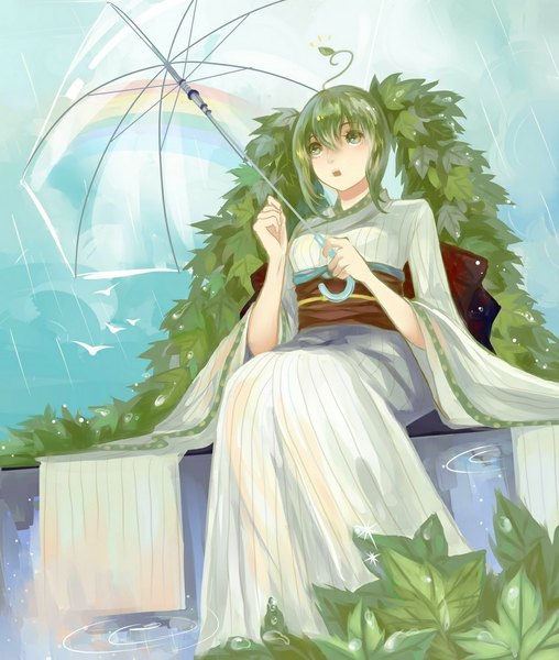 Anime picture 847x1000 with vocaloid hatsune miku etin single tall image open mouth sitting green eyes very long hair traditional clothes japanese clothes green hair transparent umbrella girl kimono leaf (leaves) umbrella obi rainbow