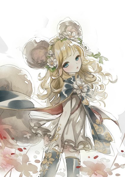 Anime picture 800x1131 with blade & soul lyn (blade & soul) hajida (artist) single long hair tall image looking at viewer blush fringe blue eyes blonde hair simple background white background animal ears tail animal tail hair flower wind wavy hair girl