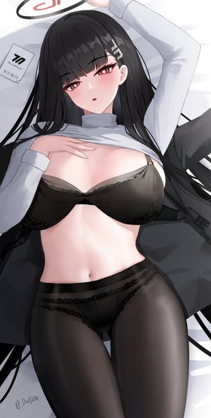 Anime picture 1572x3112 with blue archive rio (blue archive) doham single long hair tall image looking at viewer blush fringe open mouth light erotic black hair red eyes signed lying blunt bangs long sleeves head tilt arm up :o