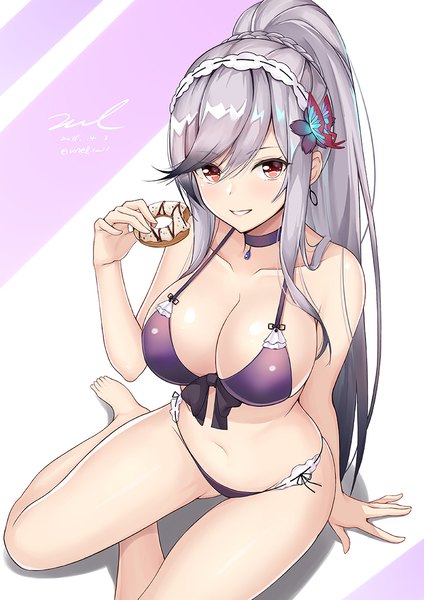 Anime picture 800x1132 with azur lane dunkerque (azur lane) dunkerque (summer sucre) (azur lane) unel single long hair tall image looking at viewer blush fringe breasts light erotic simple background smile hair between eyes red eyes large breasts sitting bare shoulders holding