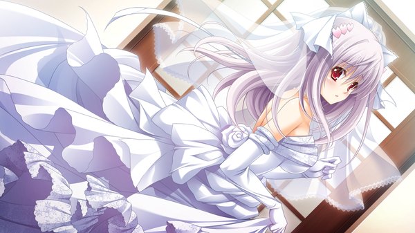 Anime picture 1280x720 with 3-nin iru! mibuno suzume suzui narumi single long hair looking at viewer blush red eyes wide image bare shoulders game cg silver hair wedding girl dress gloves hair ornament flower (flowers) elbow gloves white gloves