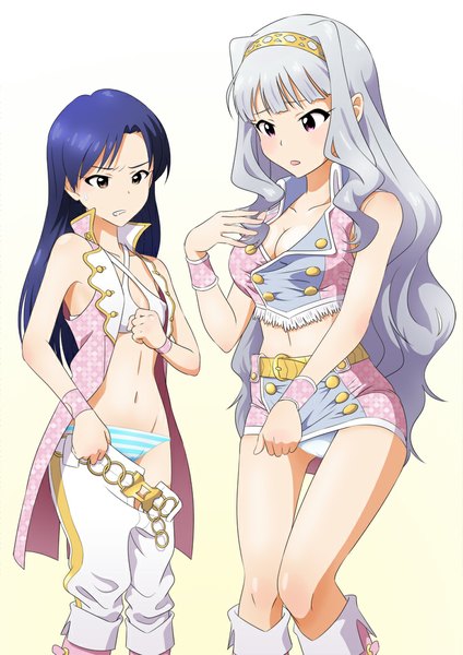 Anime picture 765x1082 with idolmaster kisaragi chihaya shijou takane sunsun69 long hair tall image blush breasts open mouth blue eyes light erotic simple background white background purple eyes multiple girls brown eyes grey hair gradient background yellow background breast envy