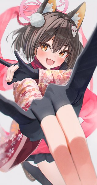 Anime picture 1797x3400 with blue archive izuna (blue archive) hidulume single tall image looking at viewer fringe highres short hair open mouth hair between eyes brown hair animal ears yellow eyes :d fox ears fox shadow puppet girl gloves halo