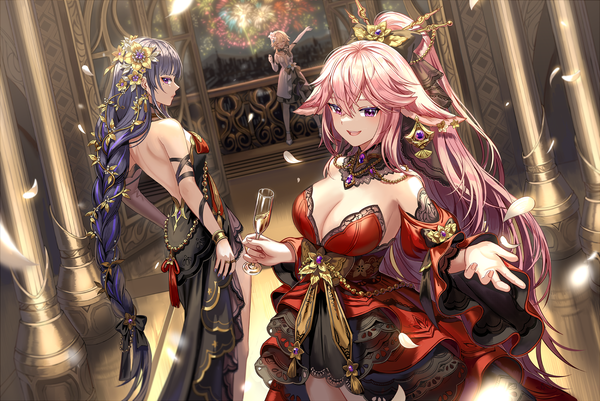 Anime picture 2000x1337 with genshin impact raiden shogun yae miko lumine (genshin impact) silence girl long hair looking at viewer fringe highres breasts open mouth light erotic blonde hair smile hair between eyes large breasts standing purple eyes multiple girls holding