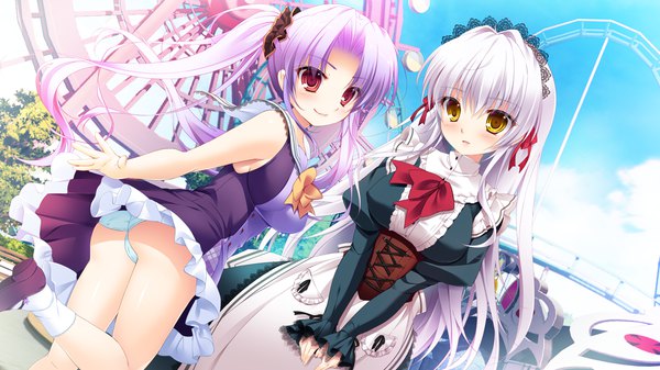 Anime picture 1280x720 with hime-sama love life! sakuno (hime-sama love life!) ou maika mikeou long hair looking at viewer blush fringe light erotic red eyes wide image twintails multiple girls yellow eyes game cg silver hair purple hair ass maid pantyshot