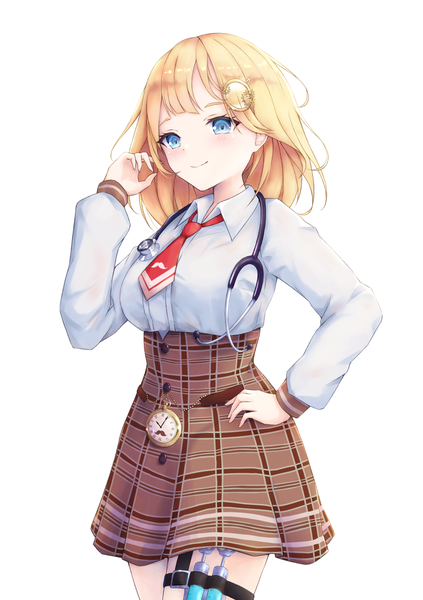 Anime picture 1062x1505 with virtual youtuber hololive hololive english watson amelia evanstan single tall image short hair blue eyes simple background blonde hair white background hand on hip adjusting hair plaid skirt girl skirt miniskirt shirt necktie