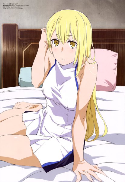 Anime picture 4094x5927 with dungeon ni deai wo motomeru no wa machigatteiru darou ka j.c. staff megami magazine aiz wallenstein kimoto shigeki single long hair tall image looking at viewer fringe highres blonde hair hair between eyes bare shoulders yellow eyes absurdres official art adjusting hair girl dress