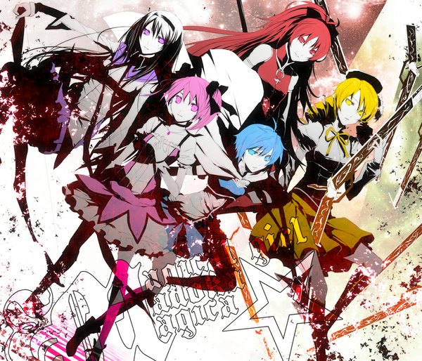 Anime picture 1167x1000 with mahou shoujo madoka magica shaft (studio) akemi homura kaname madoka sakura kyouko miki sayaka tomoe mami pizaya blue eyes blonde hair smile red eyes yellow eyes blue hair pink hair silver hair ponytail red hair pink eyes drill hair