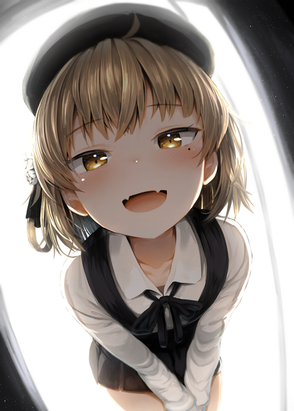 Anime picture 1530x2136 with virtual youtuber tsugu (vtuber) hatoba tsugu greatmosu single tall image looking at viewer blush fringe short hair blonde hair brown eyes ahoge mole fang (fangs) leaning leaning forward mole under eye fisheye girl