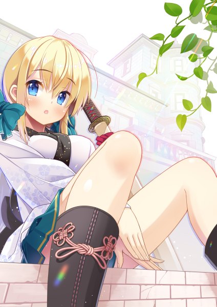 Anime picture 848x1200 with original at-yui single tall image looking at viewer blush fringe breasts blue eyes blonde hair outdoors pleated skirt fingernails wide sleeves :o floral print sheathed girl skirt bow