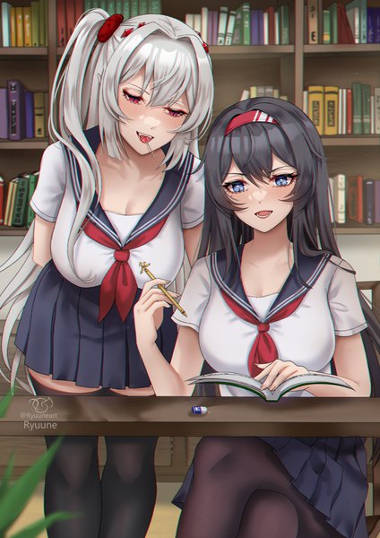Anime picture 1191x1684 with original ryuuneart long hair tall image blush fringe blue eyes black hair hair between eyes red eyes standing sitting multiple girls holding signed cleavage white hair pleated skirt mole teeth
