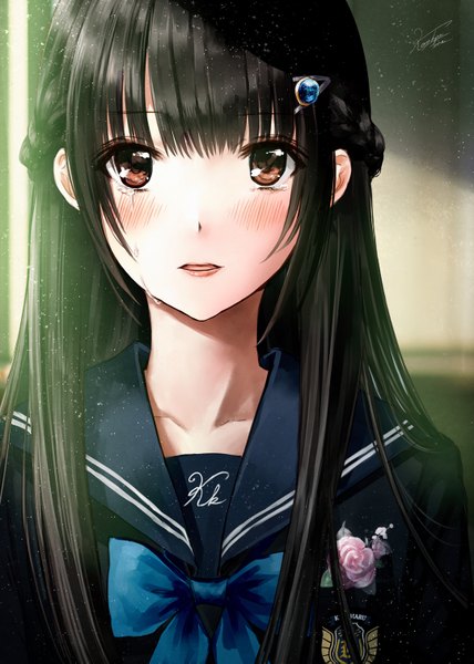 Anime picture 1080x1515 with original kazuharu kina single long hair tall image looking at viewer blush fringe open mouth black hair brown eyes signed payot upper body indoors tears girl uniform bow serafuku