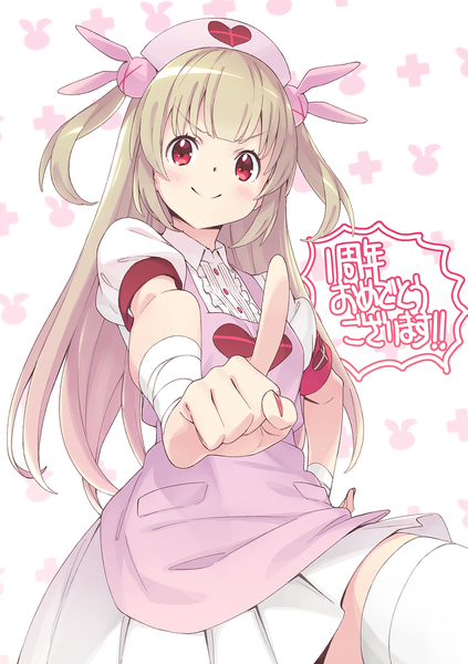 Anime picture 964x1366 with virtual youtuber sana channel natori sana kanzaki hiro single long hair tall image blush blonde hair smile red eyes two side up puffy sleeves hand on hip girl thighhighs white thighhighs bandage (bandages) nurse cap