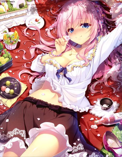 Anime picture 3954x5094 with dengeki moeou suzushiro atsushi single long hair tall image looking at viewer blush highres breasts blue eyes light erotic smile pink hair absurdres lying scan cherry blossoms girl dress skirt