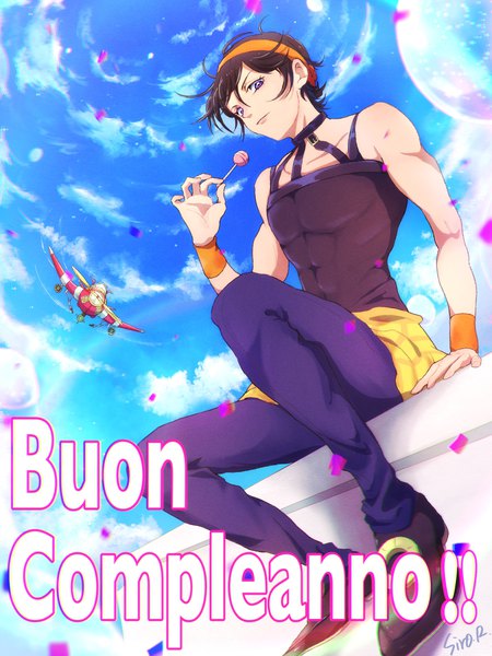 Anime picture 1800x2400 with jojo no kimyou na bouken narancia ghirga aerosmith (stand) siroraku single tall image looking at viewer highres short hair black hair sitting purple eyes signed sky cloud (clouds) full body from below text stand (jojo) boy