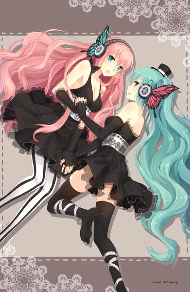 Anime picture 848x1300 with vocaloid magnet (vocaloid) hatsune miku megurine luka kyurin (sunnydelight) long hair tall image blush open mouth blue eyes bare shoulders multiple girls pink hair nail polish profile looking back aqua hair girl thighhighs dress