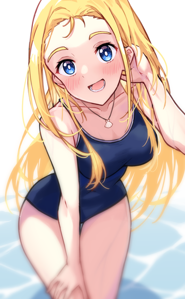 Anime picture 1200x1943 with summertime render kofune ushio profnote single long hair tall image looking at viewer blush open mouth blue eyes light erotic blonde hair :d leaning leaning forward girl swimsuit pendant one-piece swimsuit school swimsuit
