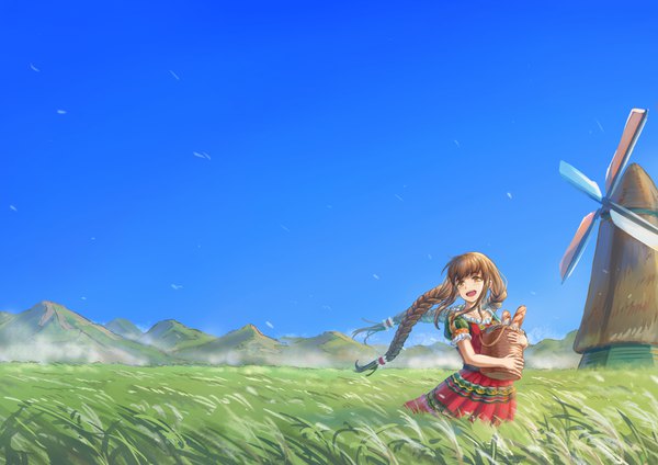 Anime picture 1638x1158 with original gohei (aoi yuugure) single long hair blush fringe open mouth brown hair standing holding brown eyes payot looking away sky outdoors braid (braids) :d wind twin braids hill
