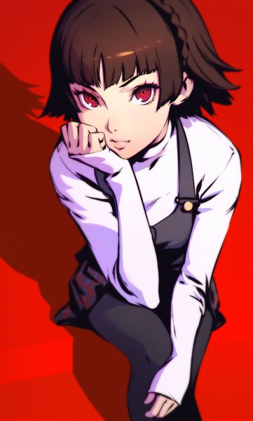 Anime picture 900x1493 with persona 5 persona niijima makoto ilya kuvshinov single tall image looking at viewer fringe short hair simple background red eyes brown hair sitting bent knee (knees) blunt bangs braid (braids) long sleeves pleated skirt from above lips