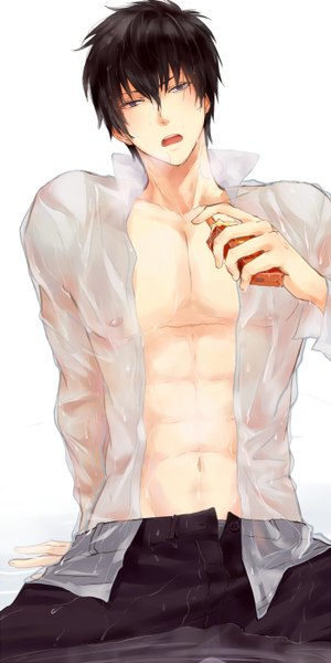 Anime picture 700x1400 with gintama sunrise (studio) hijikata toshiro ke (pixiv) single tall image blush short hair open mouth blue eyes black hair simple background white background open clothes wet open shirt wet clothes muscle open pants boy