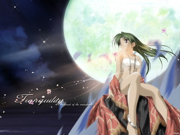 Anime picture 1024x768 with with you cyamna fon hashimoto takashi single long hair smile red eyes sitting green eyes signed looking away cloud (clouds) wind night wallpaper third-party edit rock girl flower (flowers) swimsuit