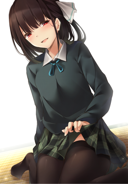 Anime picture 1000x1429 with original toyosaki shu single long hair tall image looking at viewer blush fringe open mouth light erotic simple background red eyes brown hair white background sitting payot blunt bangs pleated skirt mole no shoes