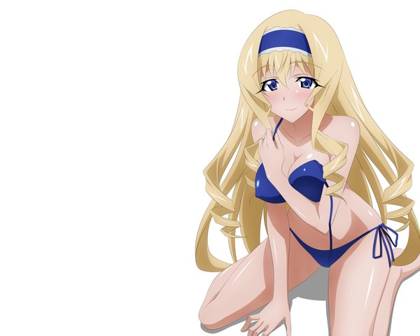 Anime-Bild 1920x1536 mit infinite stratos 8bit cecilia orcott single long hair looking at viewer blush highres blue eyes light erotic simple background blonde hair white background sitting bare shoulders drill hair girl swimsuit bikini hairband