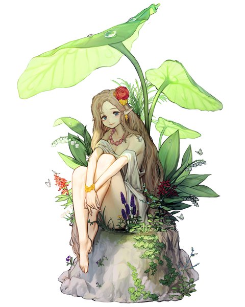 Anime picture 2142x2677 with original rinotuna single long hair tall image looking at viewer highres breasts blue eyes blonde hair smile white background bare shoulders cleavage full body barefoot hair flower pointy ears off shoulder bare legs