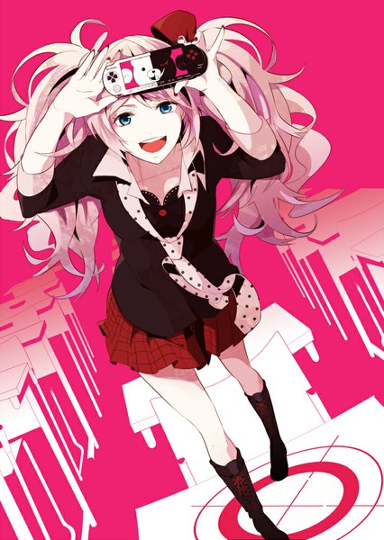 Anime picture 710x1000 with dangan ronpa enoshima junko monokuma kioamur single long hair tall image fringe breasts open mouth blue eyes standing twintails holding nail polish happy wavy hair polka dot classroom girl