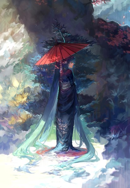 Anime picture 1400x2032 with vocaloid hatsune miku tang elen single tall image blue eyes twintails very long hair traditional clothes japanese clothes looking back from behind aqua hair girl hair ornament flower (flowers) plant (plants) petals kimono umbrella