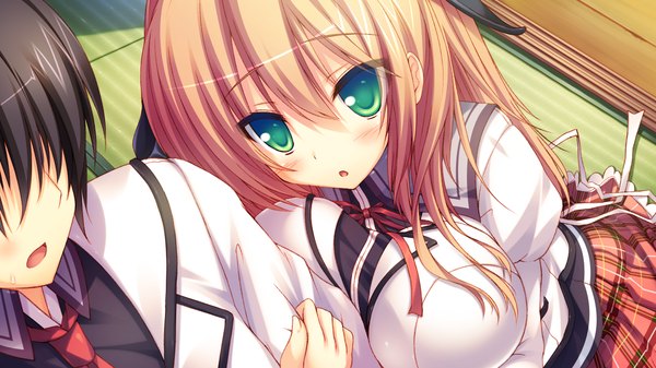 Anime picture 1280x720 with amatarasu riddle star hatta madori long hair blush short hair breasts open mouth brown hair wide image large breasts green eyes game cg couple girl boy uniform school uniform