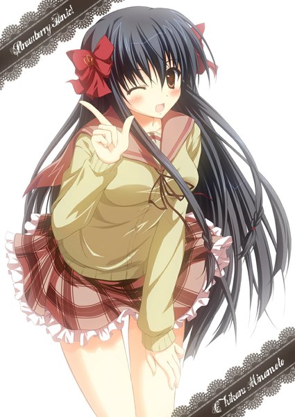 Anime picture 724x1023 with strawberry panic madhouse minamoto chikaru suien long hair tall image blush open mouth black hair brown eyes one eye closed wink girl skirt uniform bow hair bow school uniform
